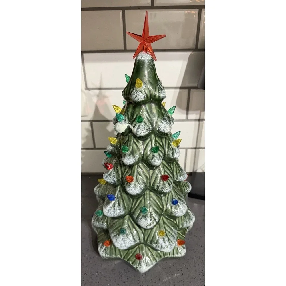 Ceramic Christmas Tree Green With‎ Multi Colored Bulbs Handcrafted Vintage